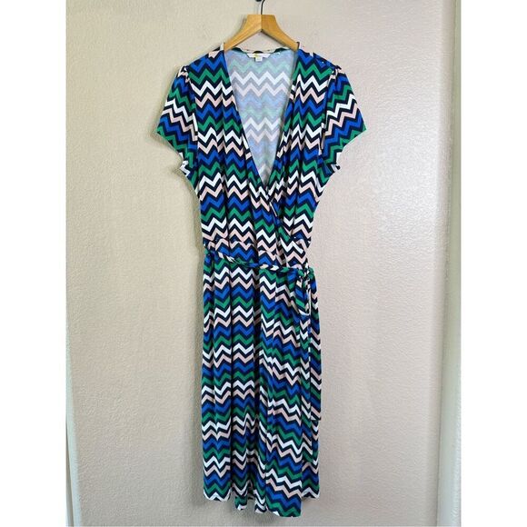 Boden Summer Wrap Dress Womens Size 12 Multicolor Chevron Print Stretch Jersey - Picture 1 of 11